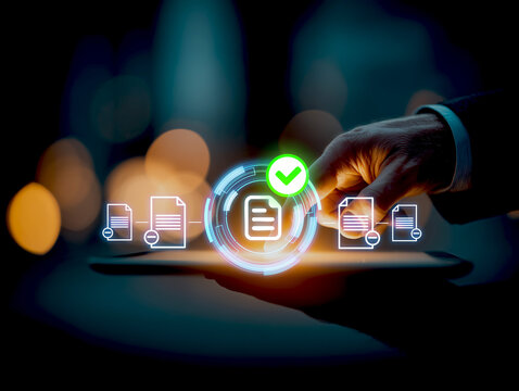 A business person holds a smartphone with a document selection icon, representing digital business communication technology.