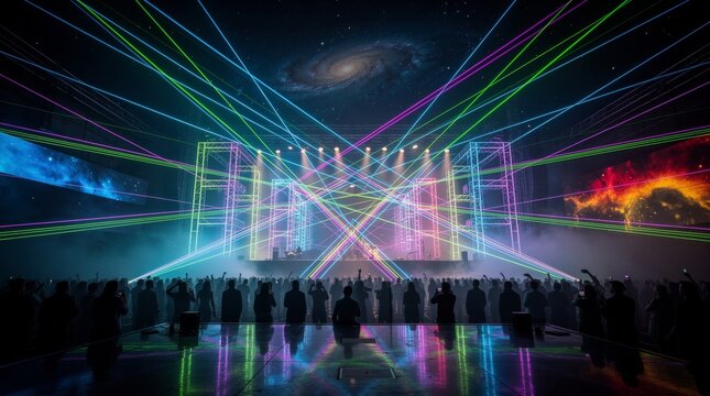 Vibrant Laser Light Show Illuminates Crowd Under Galaxy