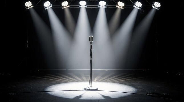 Vintage microphone illuminated on a dark stage with spotlights