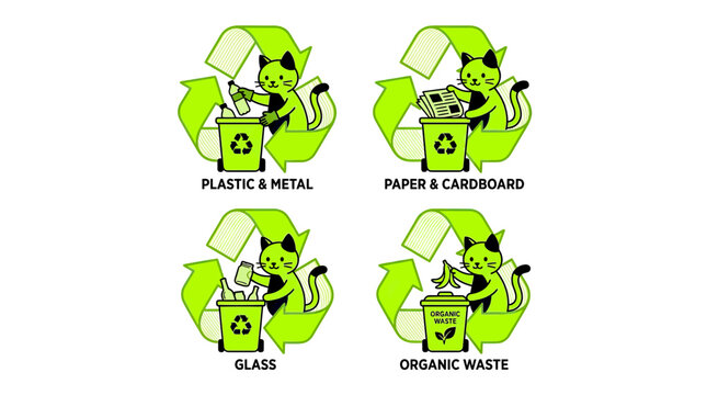 Cute Cat Recycling Icons: Plastic, Paper, Glass, Organic Waste