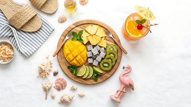 Fresh tropical fruit platter and summer drink on white background