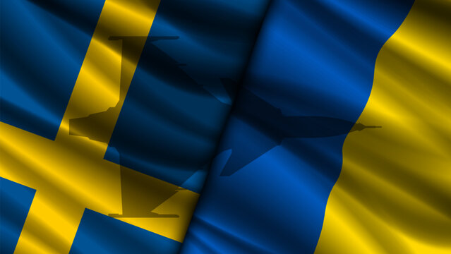 Vector political and economic poster. Wavy national flags of Kingdom of Sweden and Ukraine. Swedish and Ukrainian symbols. European banner. Silhouette, shadow of Gripen military combat aircraft