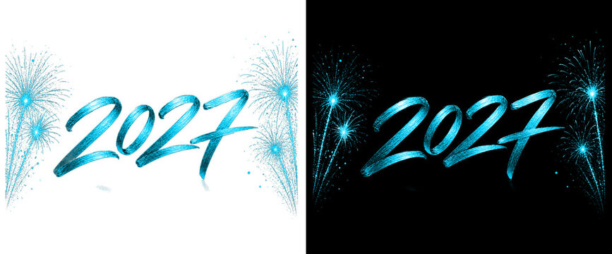 Blue glittery 2027 lettering isolated on transparent background with firework explosions for new year eve celebration card banner design.