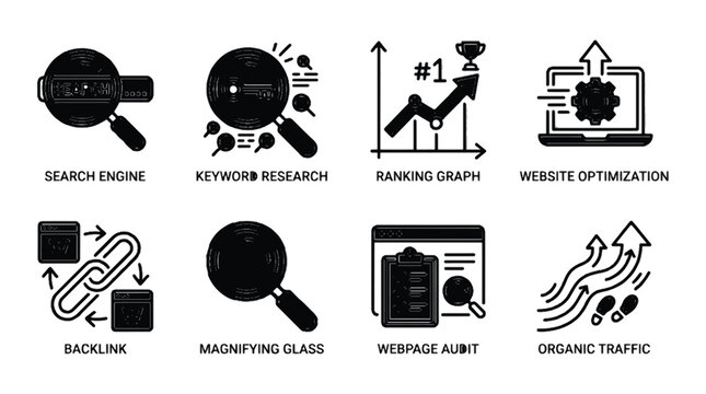 SEO optimization icons, website ranking symbols, search engine vector graphics, digital marketing elements