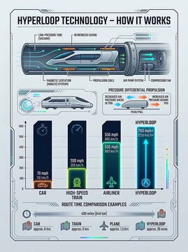 Hyperloop technology infographic with speed and travel time comparison