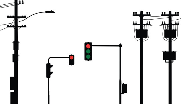 Silhouettes of utility poles traffic lights and electrical transformers on a white background Keywords: utility pole, traffic light