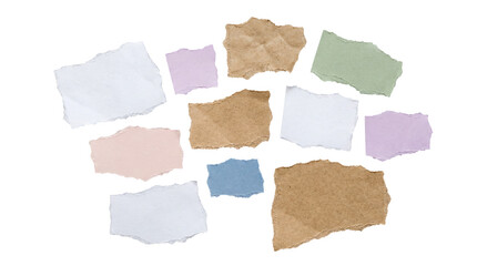 Fototapeta premium Collection of various torn paper scraps with distressed edges, including kraft and colored paper.