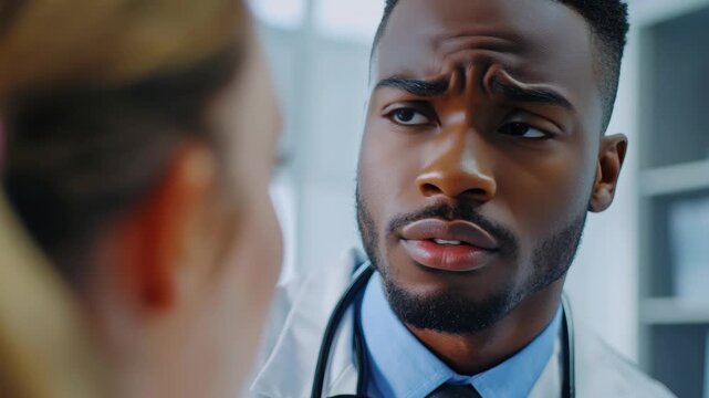 A doctor in white lab coat with a concerned expression looking intently at patient's chart during consultation.