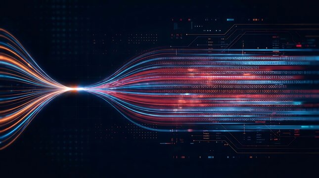 Futuristic digital data stream visualized with glowing neon lines and binary code patterns flowing through abstract network pathways symbolizing data transmission and technological progress.