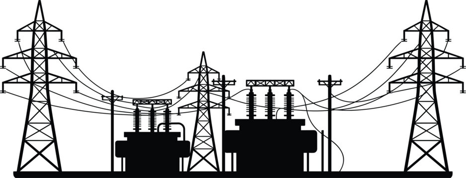 Silhouette of an Electrical Substation with Power Lines and Transformers on White Background Keywords: electricity, substation