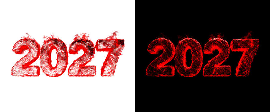 Year 2027 red lava fire textured 3d numbers with glowing flames on black background and transparency for video visual effects use.