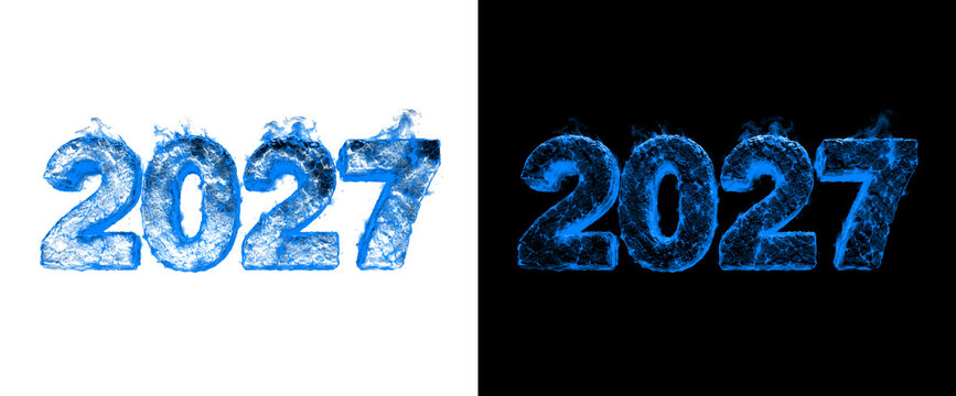 Year 2027 blue ice water 3d numbers with sapphire glowing texture on black background plus alpha channel for winter video effects.