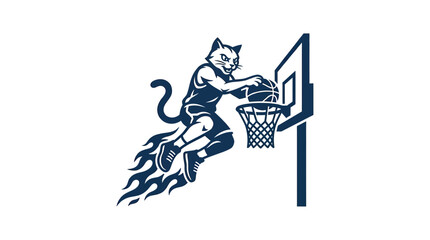 Anthropomorphic Cat Mascot Dunking Basketball into Hoop with Flame Effect © Pensil