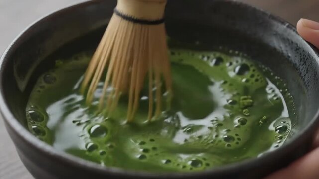 Conceptual art of a traditional bamboo whisk mixing green matcha tea powder into a frothy texture