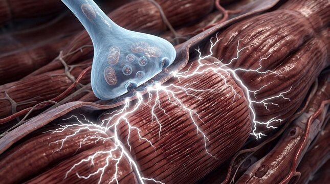 Close-up 3D illustration of a neuromuscular junction showing a synapse transmitting electrical impulses to muscle fibers
