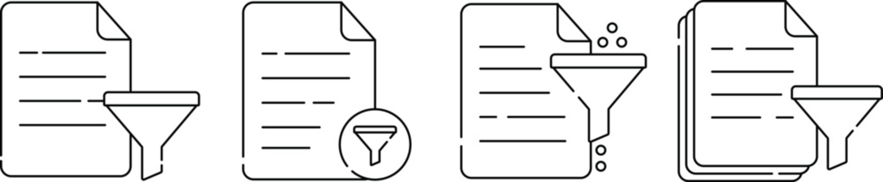 Document Filter Icons Set Vector Illustration, File Filtering, Document Management and Data Organization Line Art Collection