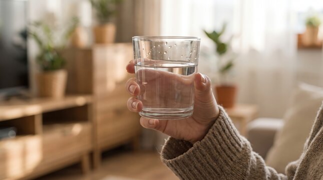 Macro View of Young Woman Lifting Clear Glass of Water with Natural Unadorned Hands in Soft Diffused Morning Light, Highlighting Healthy Hydration Lifestyle, Clean Glassware Aesthetic, and Warm Mornin