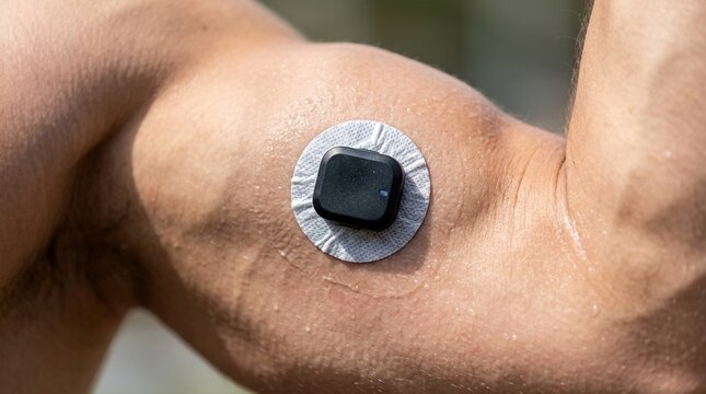 Continuous glucose monitor sensor attached to muscular arm, close-up shot of diabetes technology for health monitoring