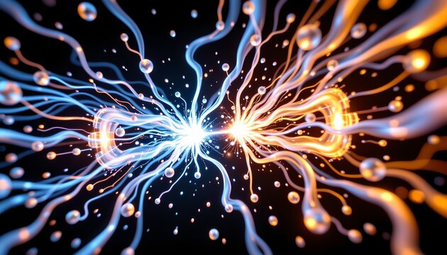 The image depicts an intricate visualization of an energetic event at a subatomic level, featuring bright, dynamic tendrils of blue and orange light emanating from two central points