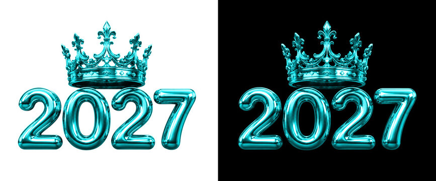 Shiny blue green number 2027 with royal crown above on transparent background and black background for design elements.