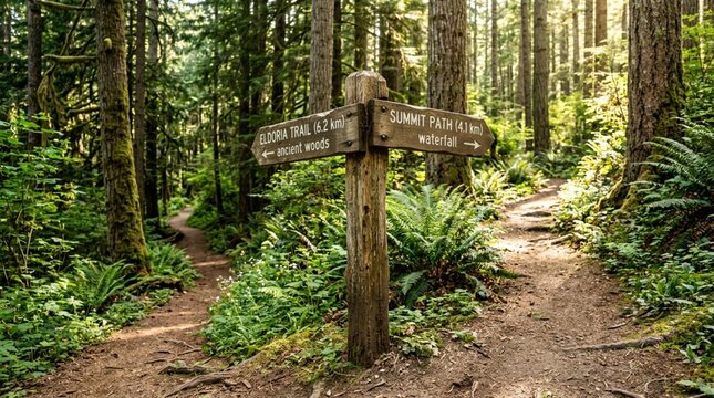 Forest trail sign with two paths, decision to make, hiking, nature, outdoor adventure