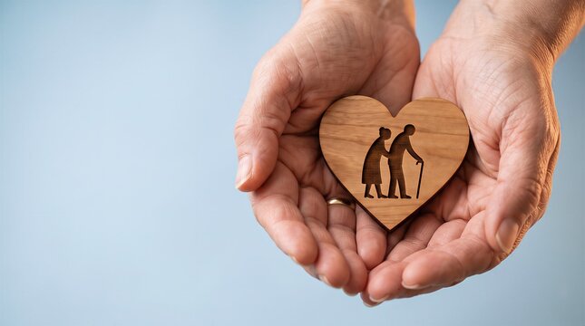 Elderly care and compassion hands holding a wooden heart symbolizing senior support and loving kindness towards older people with compassion kindness community