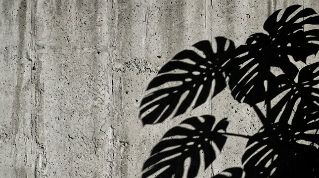 Shadows of monstera leaves cast on a textured concrete wall, creating a graphic pattern