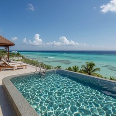 Fototapeta premium Luxury infinity pool overlooking a turquoise tropical ocean, with palm trees and bright blue skies creating an idyllic premium vacation setting.