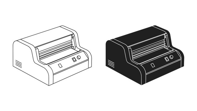 Laminator Machine Illustration: A clear line art illustration and a solid black silhouette of a laminator machine, showcasing its compact design and user interface.