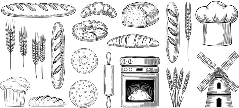 Collection of hand-drawn bakery illustrations featuring bread, croissant, wheat, chef hat, rolling pin, oven, and windmill for food design.