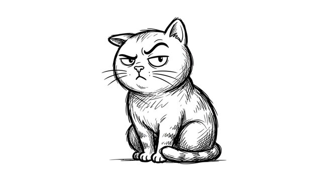 Grumpy Cat Drawing, Frowning Feline, Cartoon Animal, Sketch