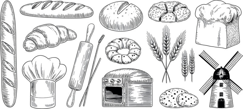 Collection of hand-drawn bakery illustrations featuring bread, croissant, wheat, chef hat, rolling pin, oven, and windmill for food design.