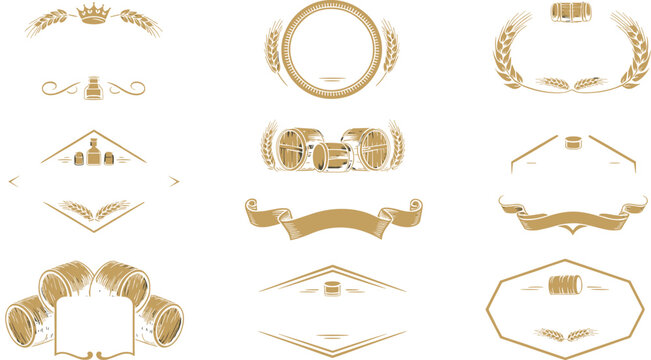 Collection of vintage craft beer logo templates with mug, wheat, crown, and barrel icons for brewery branding design.