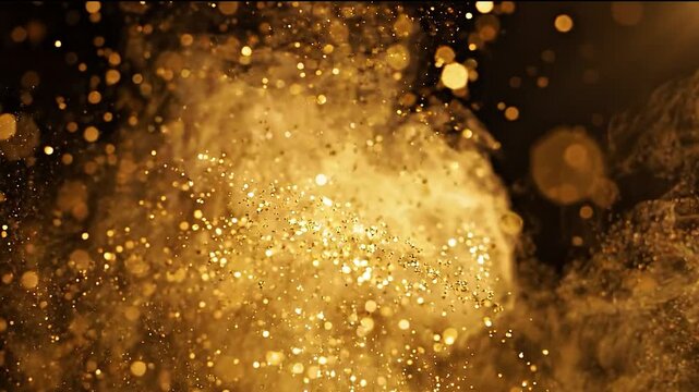 Golden Glitter Explosion with Shimmering Particles and Bokeh Lights on Dark Background
