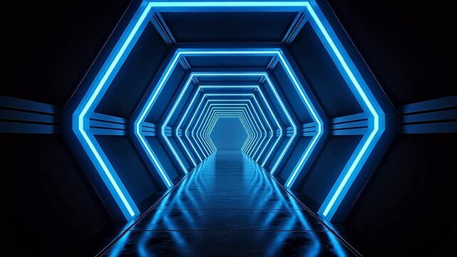 Futuristic hexagonal corridor with blue lights