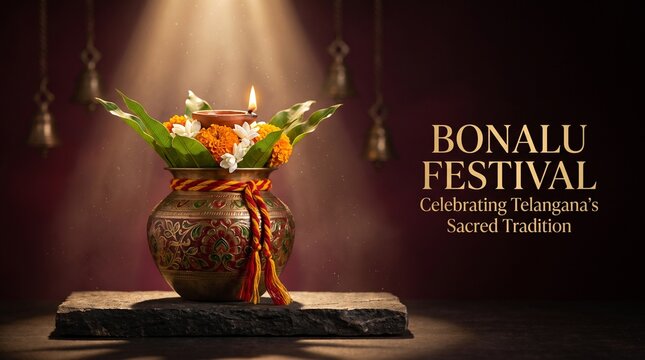 A vibrant Telangana festival honoring Goddess Mahakali with decorated Bonam offerings, neem leaves, and temple rituals symbolizing devotion, protection, and gratitude.