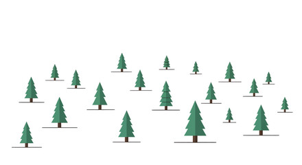 Obraz premium A minimalist graphic illustration depicting a scattered group of green evergreen trees on a clean white background, evoking a winter forest scene.
