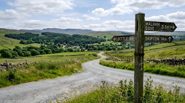 Rural crossroads signpost directs to Malham Cove, Settle, Skipton in green rolling hills.