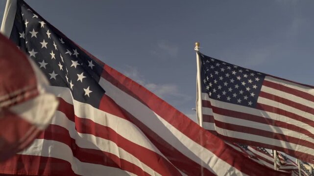 Multiple American flags wave in the wind at an outdoor memorial park, creating a powerful and patriotic scene. The bright sky highlights the red, white, and blue colors of the flags.