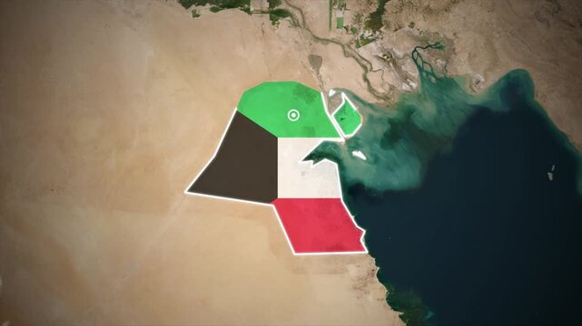 Kuwait Country Map with National Flag on Satellite Earth Background.