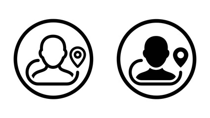 User Location Icon Set: Two simple icons depicting a user profile with a location pin, indicating navigation, tracking, or geographic presence. Perfect for app design and user interface elements. © mahmuda428