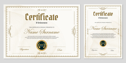 Classic certificate template set. Elegant cream and brown landscape and portrait diplomas with vintage ornamental borders, guilloche waves, and gold seal. Ideal for business graduation. © Uliya