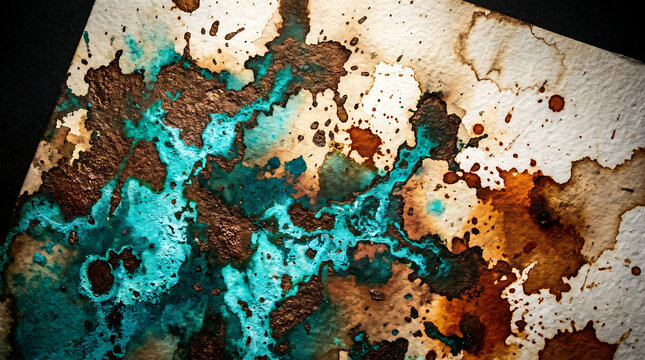Patina verdigris copper decay rust watercolor abstract background featuring turquoise bronze teal orange cream