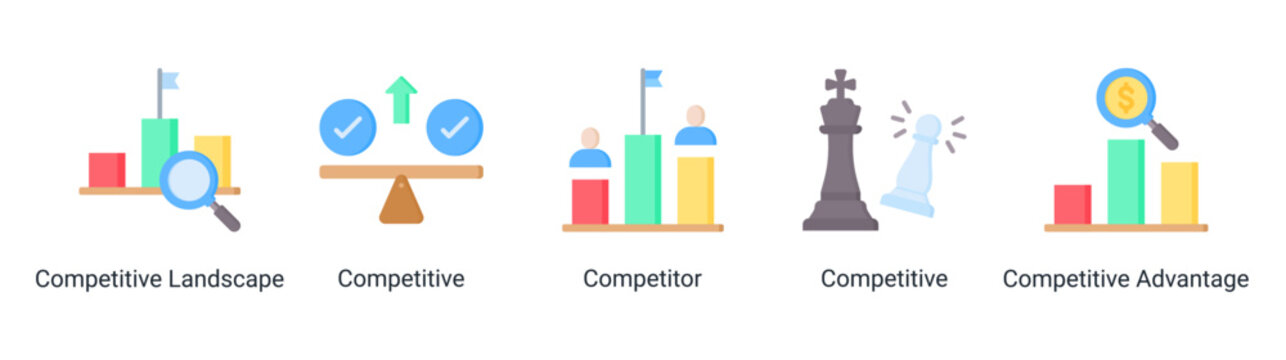 Competitive Strategy icon set featuring competitor analysis,market rivalry,competitive positioning,and strategic advantage concepts.