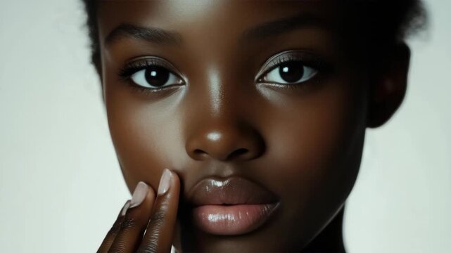 Beautiful young girl with dark skin closes her eyes and places her hand on her cheek, exuding a sense of purity and serenity.