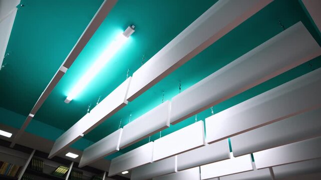 Clean soundproof baffles suspended below colorful ceiling over high bookshelves. Unusual architectural structure feels calm and futuristic