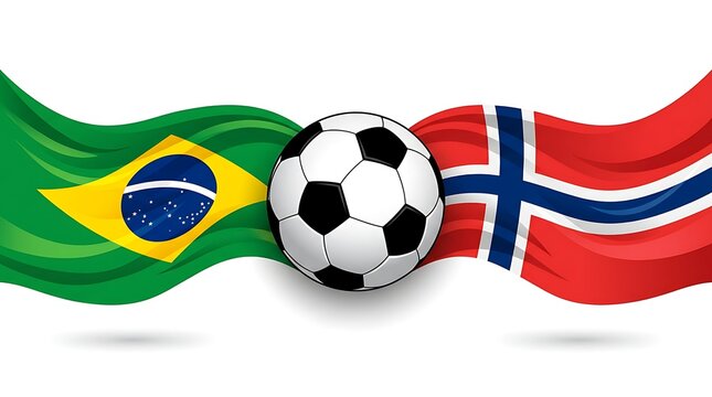 Brazil and Norway flags wave with soccer ball between them on white background symbolizing friendly match and international sports competition, graphics.