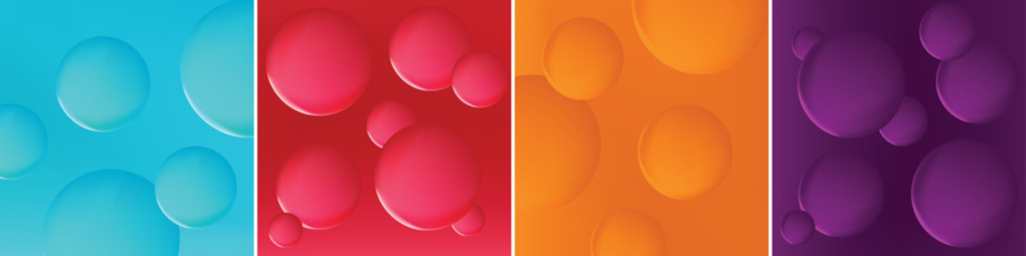 Collection of four vibrant 3D gradient sphere backgrounds featuring glossy bubbles and smooth surfaces in cyan blue, crimson red, orange, and deep purple.