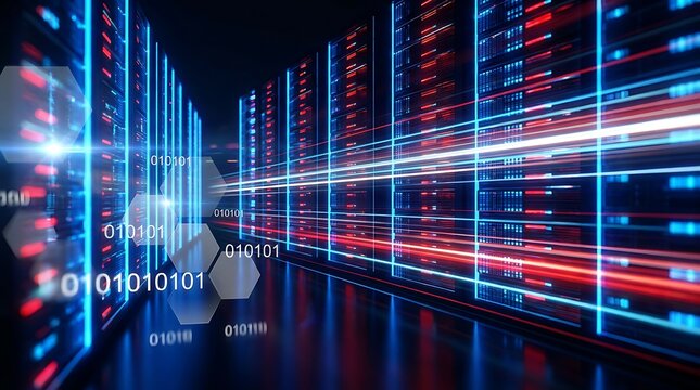 Abstract digital data stream visualization with binary code and glowing lines in server room reflecting futuristic technology and big data concept.