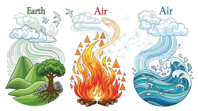 Conceptual illustration of the four classical elements earth fire air and water.
